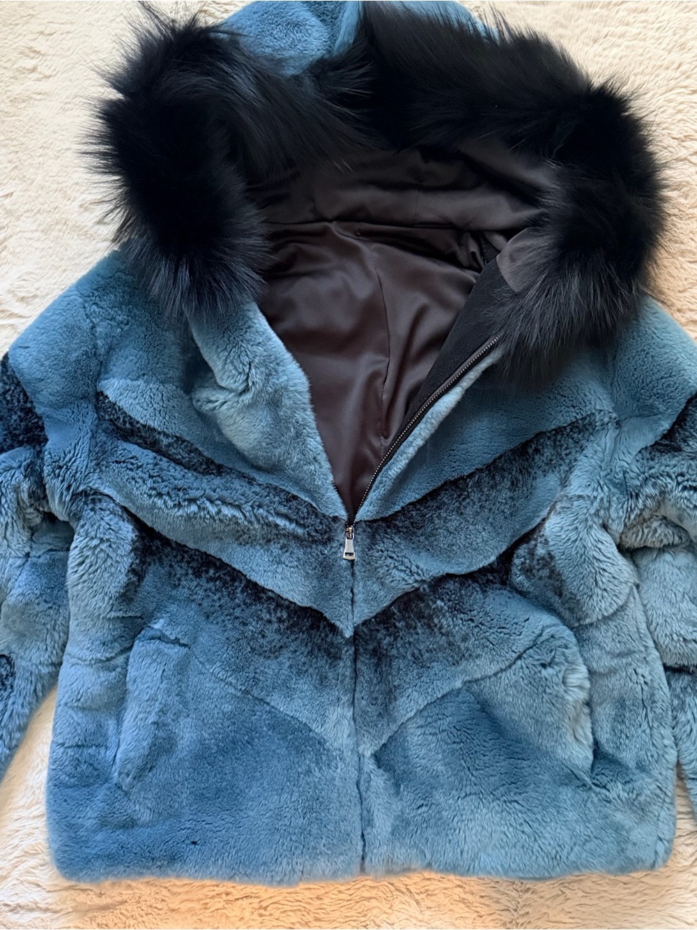 Blue Fur Hooded Jacket with Black Fur Trim